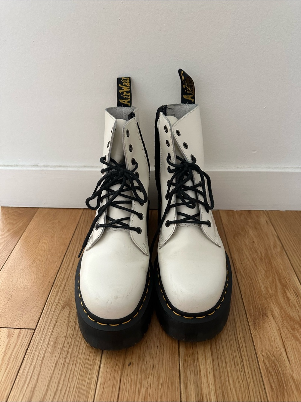 White Dr. Martens Jadon Polished Smooth Platform combat style boot